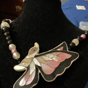 Chic Butterfly Pendant Necklace with Pink and Black Accents